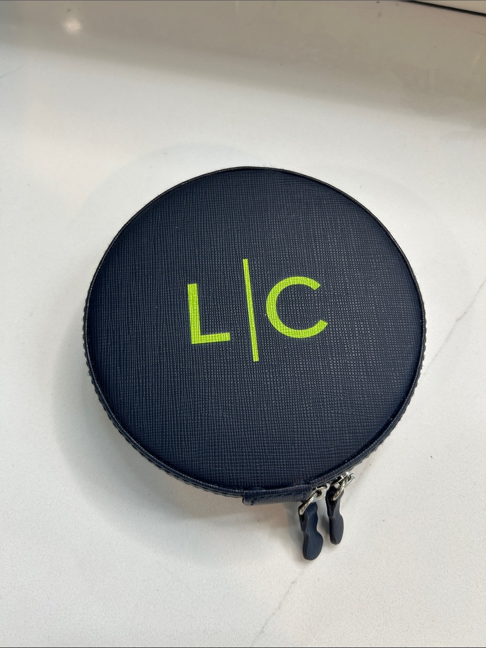 Mark & Graham Round Travel Jewelry Case Navy Blue Lime Green "LC" Monogram